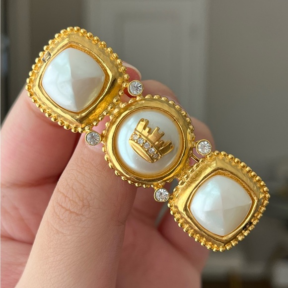 Vintage Fendi Crown Logo Faux Pearl Rhinestone Gold Bar Brooch Collectible
